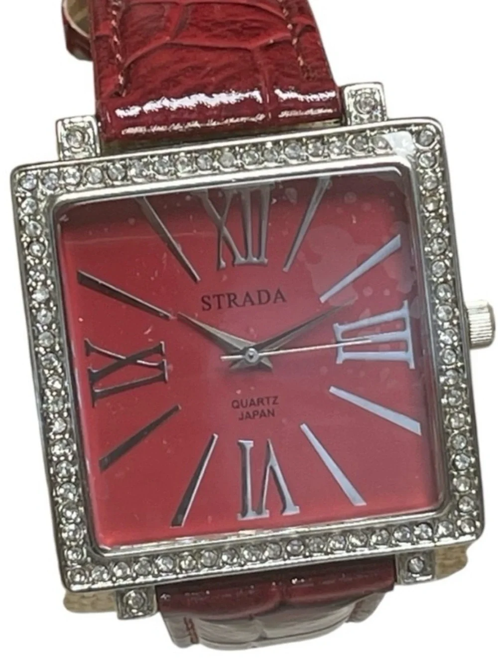 Strada Red Crystal Square Watch Roman Numeral Japanese Quartz NIB